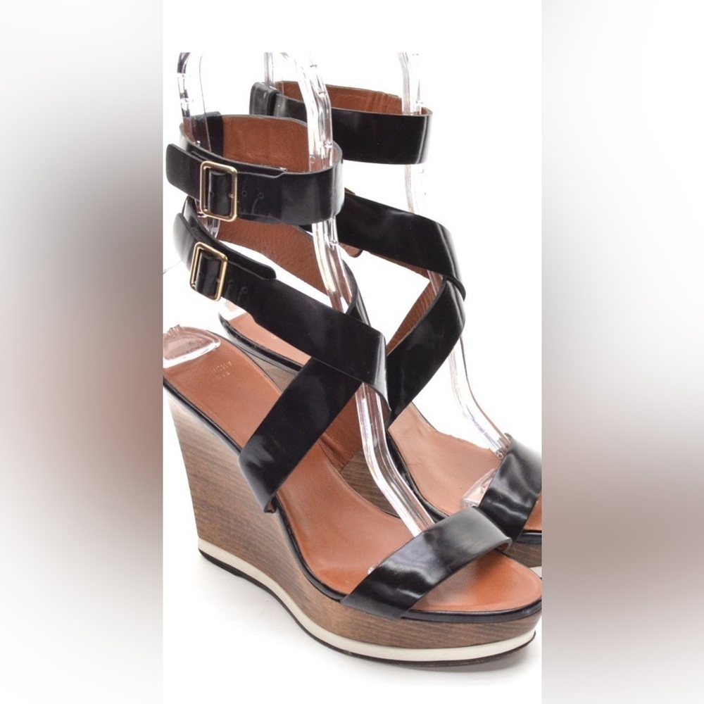 Givenchy Black Patent Wedge Heel Ankle Wrap Sandal 35